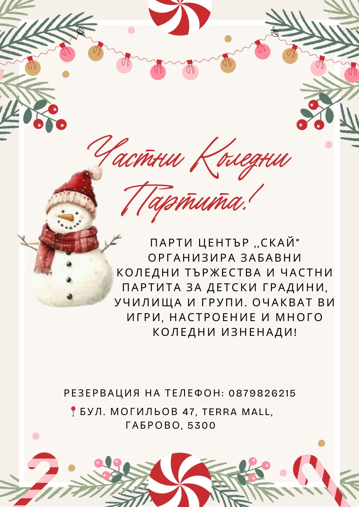 Плакат с информация за Коледни партита в ПЦ ''Скай''