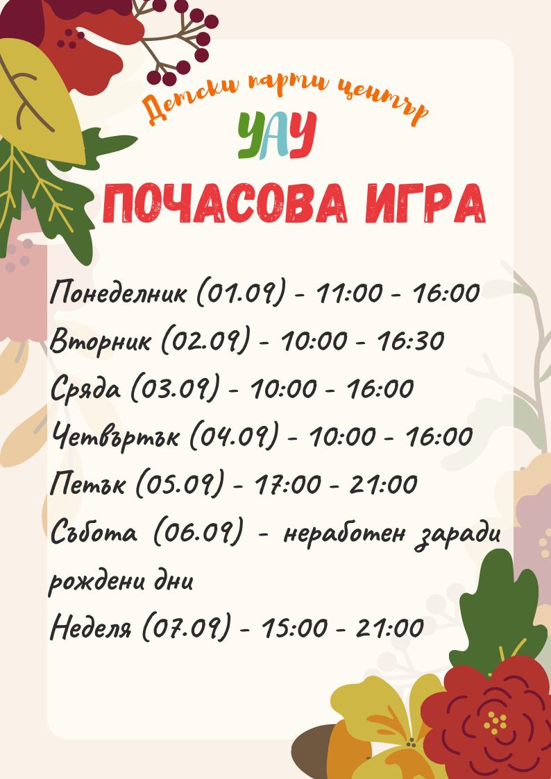 График за почасова игра в ПЦ ''Уау''