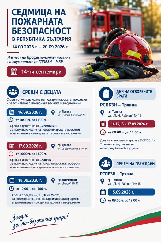 Програма на Дните на пожарната безопасност в Трявна и Плачковци